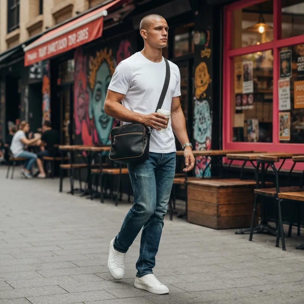 Casual outfit with black crossbody bag in an urban setting, highlighting everyday styling