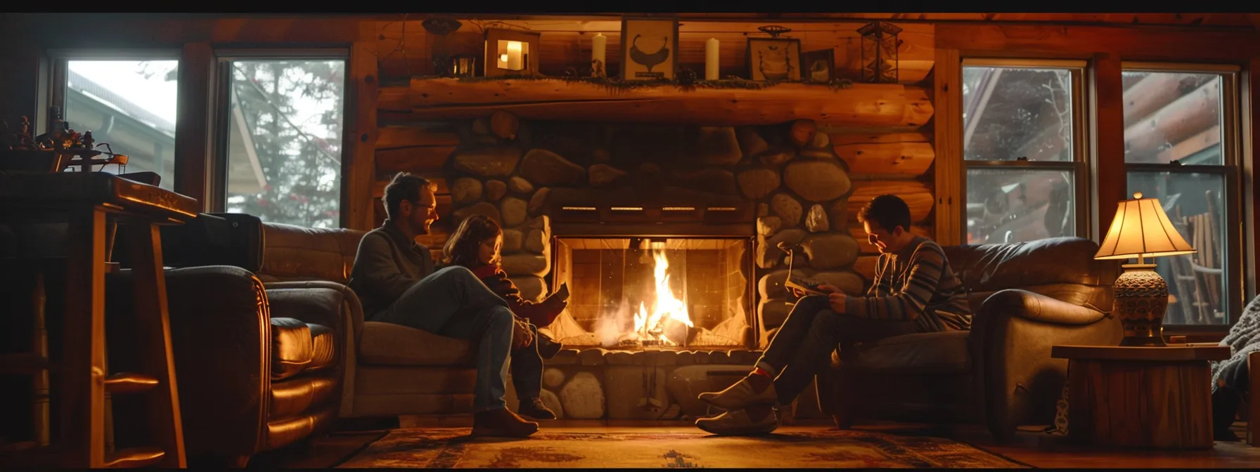 a family sitting around a cozy cabin fireplace, planning their upcoming trip together.