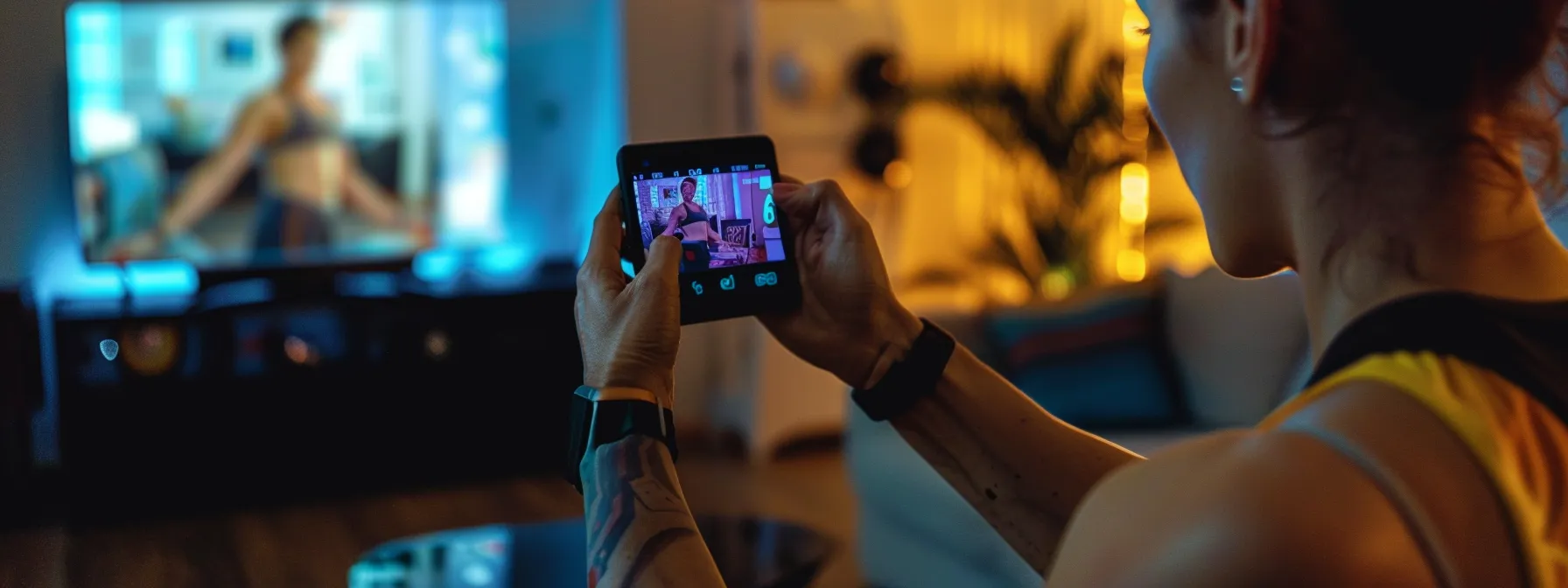 a person wearing a fitness tracker while exercising at home and monitoring progress on a smartphone app.