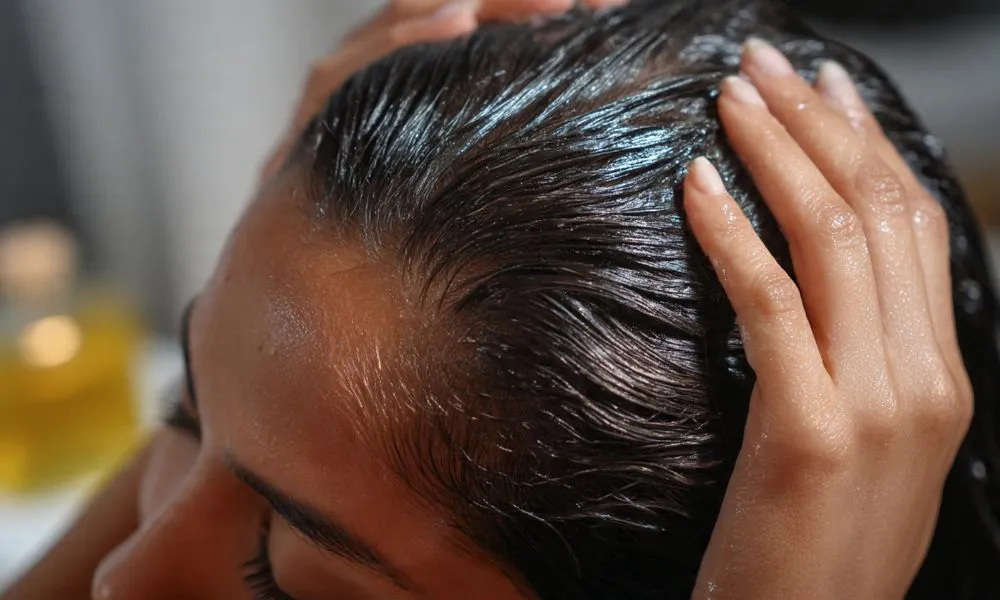 A close-up of a person's dark, shiny hair being massaged with oil, demonstrating a natural treatment similar to using Beef Tallow for deep conditioning and scalp health.