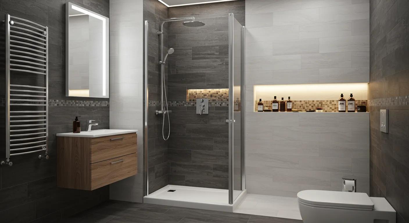 a modern, sleek bathroom showcasing an affordable stand-up shower kit installed against a stylish tiled backdrop, illuminated by bright, warm lighting to highlight its contemporary design and budget-friendly appeal.