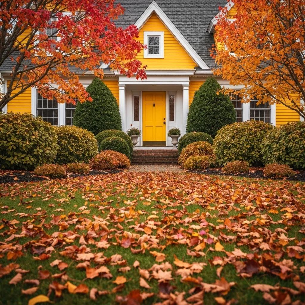 Homeowner raking leaves in a colorful autumn yard, illustrating essential fall cleanup tasks Homeowner raking leaves in a colorful autumn yard, illustrating essential fall cleanup tasks