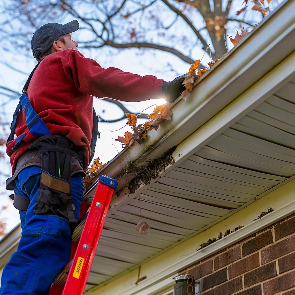 Homeowner cleaning gutters on a residential property in Saint Louis, ensuring proper maintenance