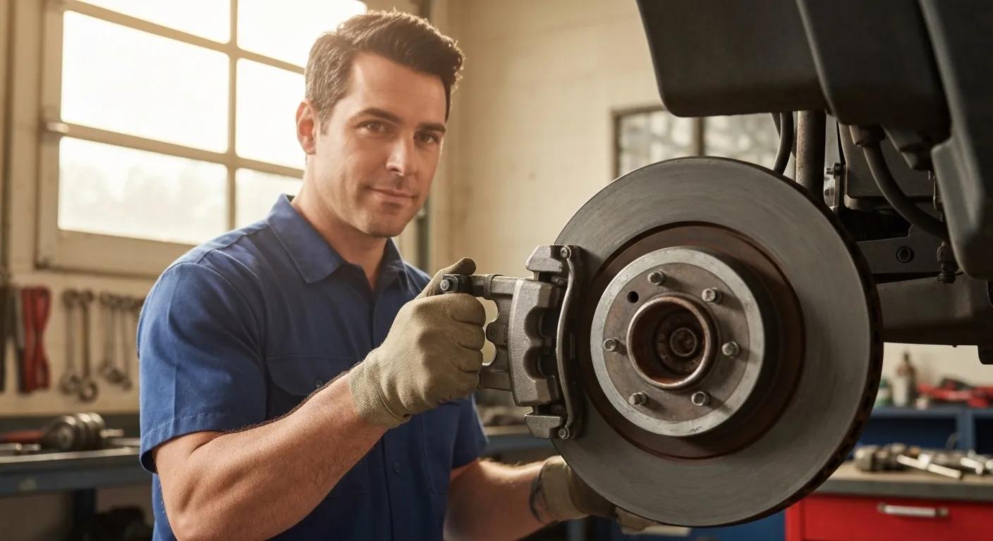 Close-up of ASE certification badge with a mechanic working on brake components, demonstrating expertise