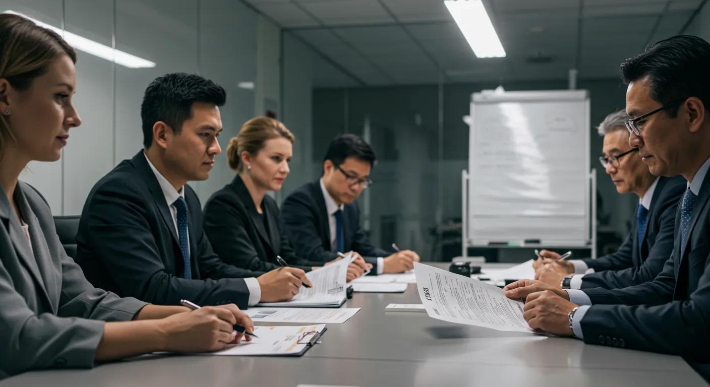 a focused view of a modern office conference room, featuring a sleek table surrounded by professionals as they attentively review detailed documentation on contractor licensing, illuminated by bright, artificial lighting that emphasizes the seriousness of the application process.