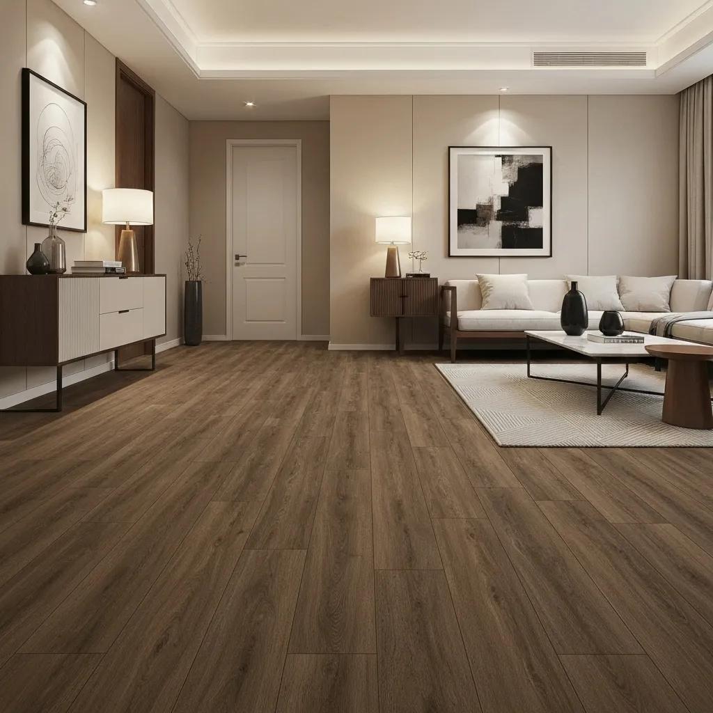 Stylish living room featuring luxury vinyl tile flooring with a realistic wood grain effect and modern furnishings