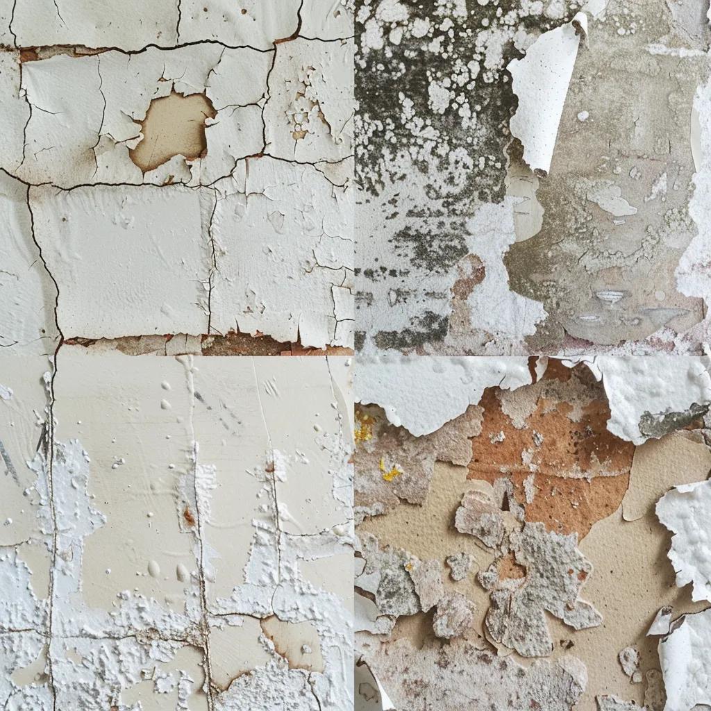 Close-up view of common drywall damage types including water stains, cracks, and mold