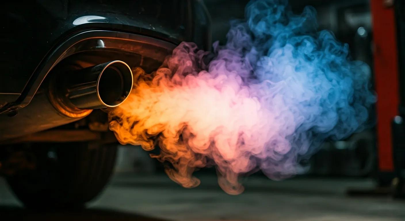 a close-up view of a car's exhaust pipe releasing distinct plumes of colored smoke in a dimly lit urban garage, emphasizing the diagnostic potential of smoke color for identifying engine issues.