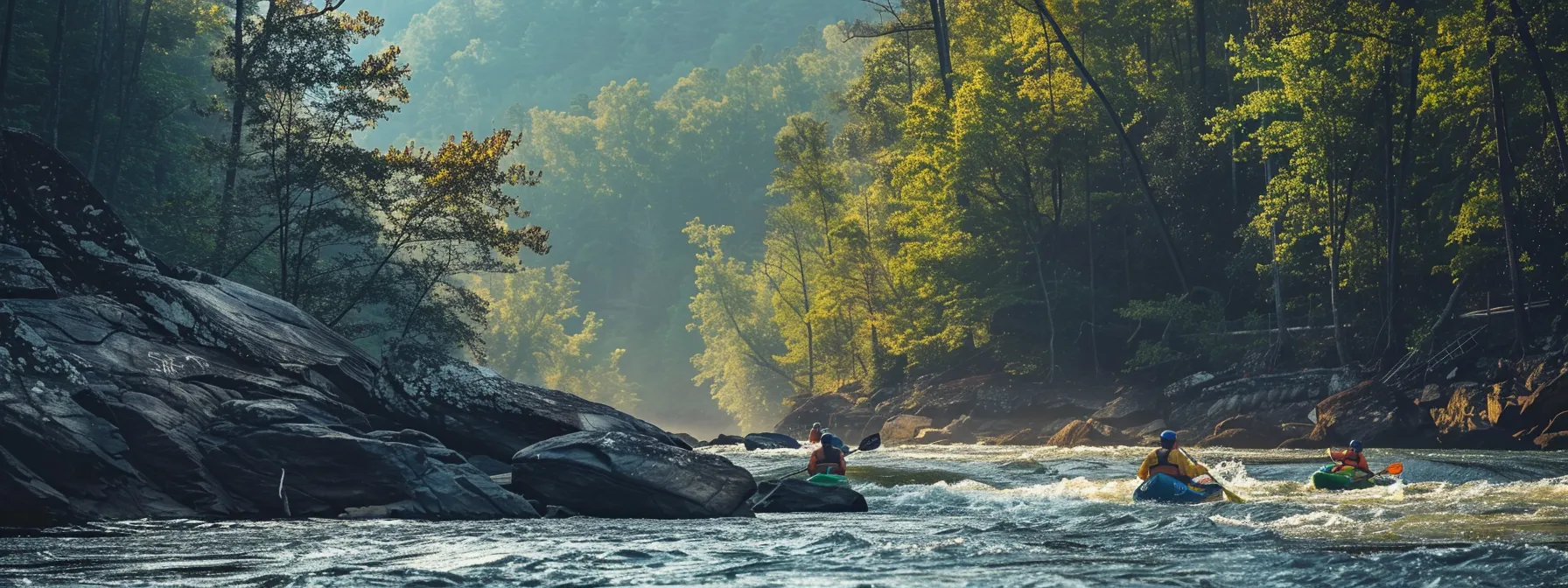 a group of people paddling down the ocoee river with a private guide, navigating through whitewater rapids.