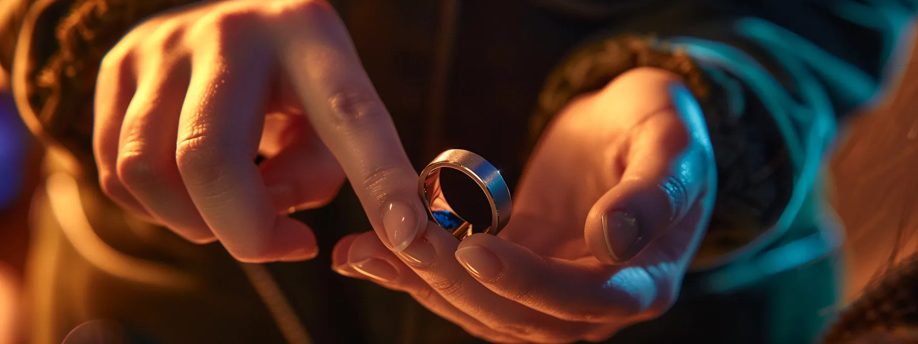 a close-up of a person trying on a sleek titanium ring, showcasing its hypoallergenic properties for sensitive skin.