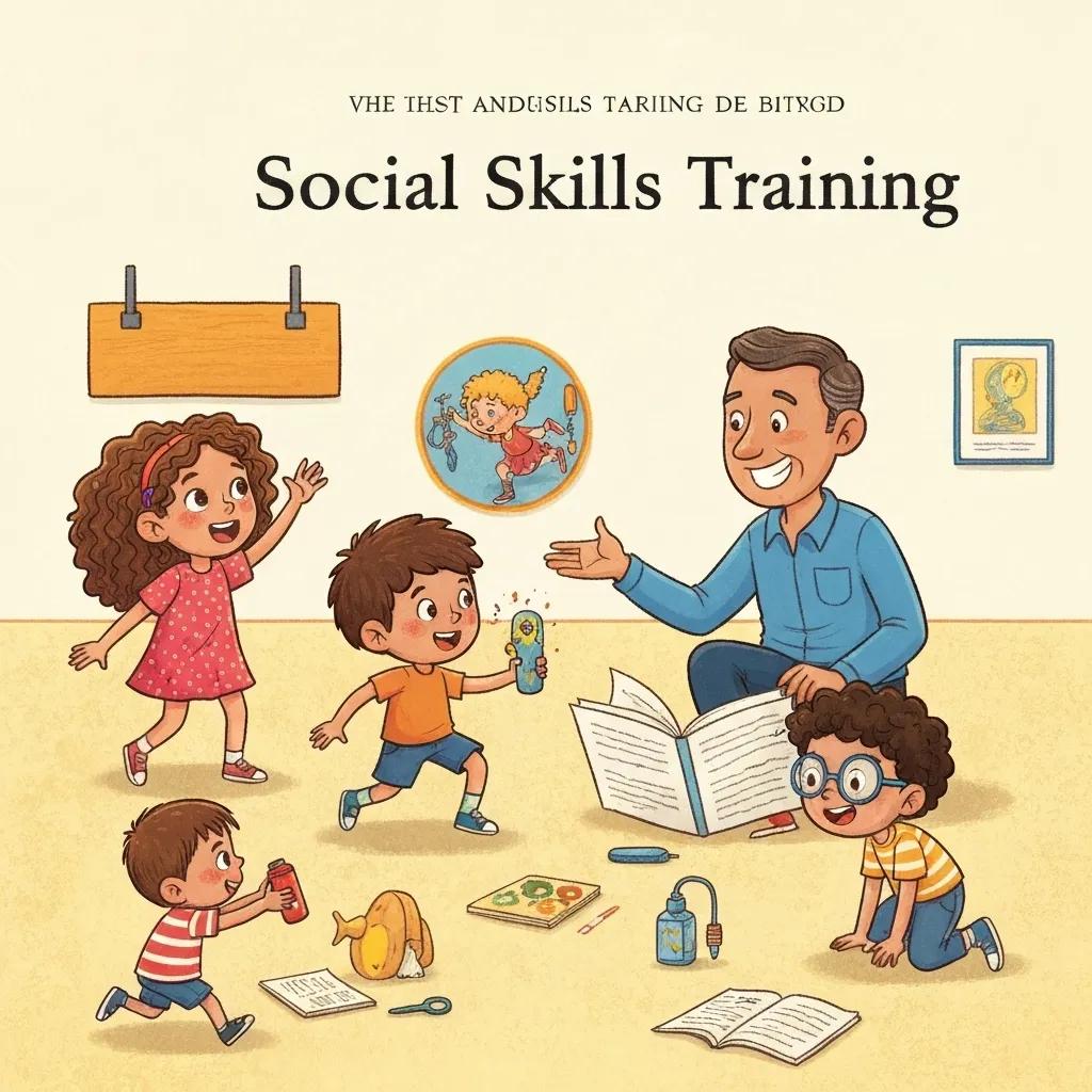 Children with autism interacting and communicating during a therapy session, demonstrating social skill development