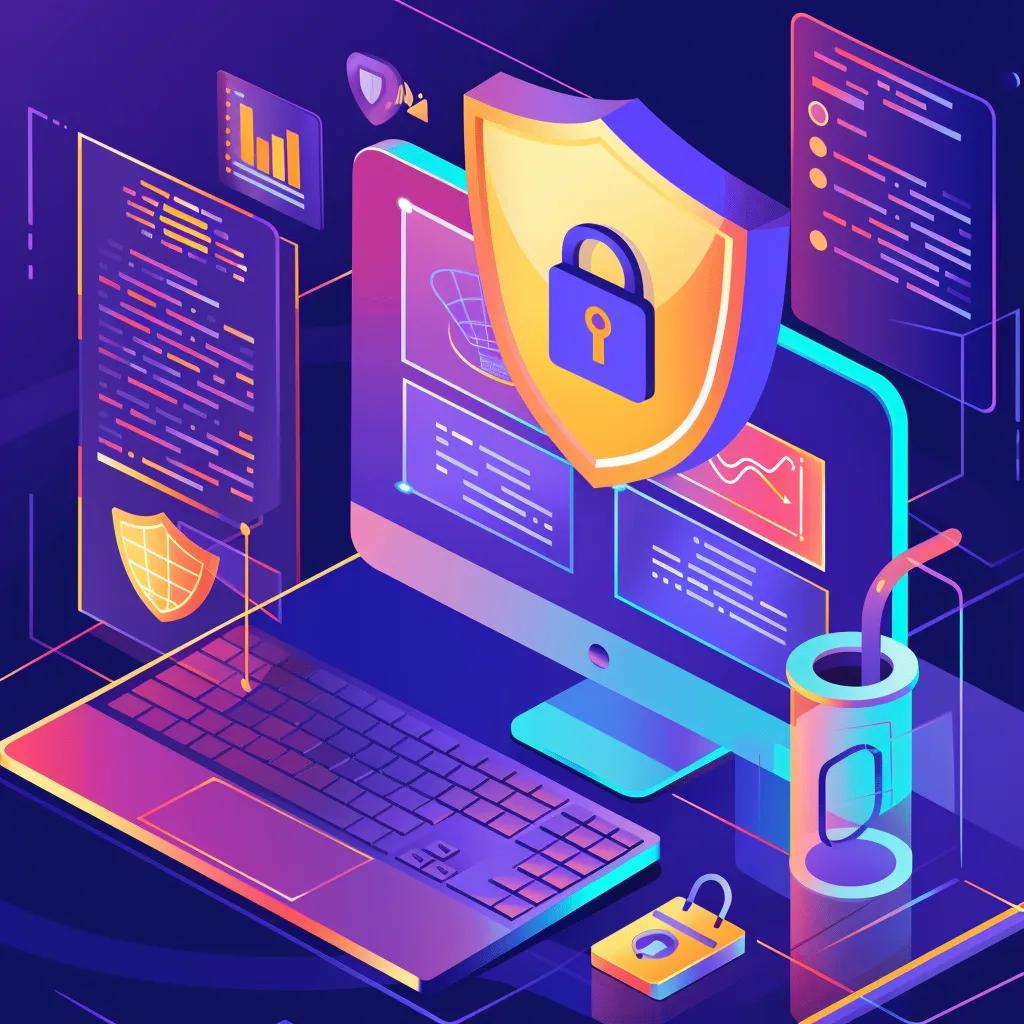 Visual representation of website security best practices with shield, lock, and security software