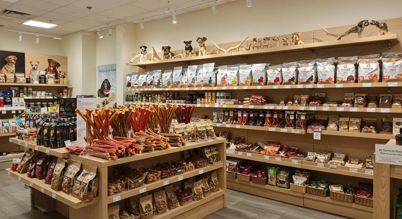 a bright, modern pet store interior showcases various safe, natural dog chews—such as colorful sweet potato sticks, shiny bully sticks, and sturdy elk antlers—neatly arranged on sleek wooden shelves, inviting a diverse group of eager dogs and their owners to explore the options. a bright, modern pet store interior showcases various safe, natural dog chews—such as colorful sweet potato sticks, shiny bully sticks, and sturdy elk antlers—neatly arranged on sleek wooden shelves, inviting a diverse group of eager dogs and their owners to explore the options.