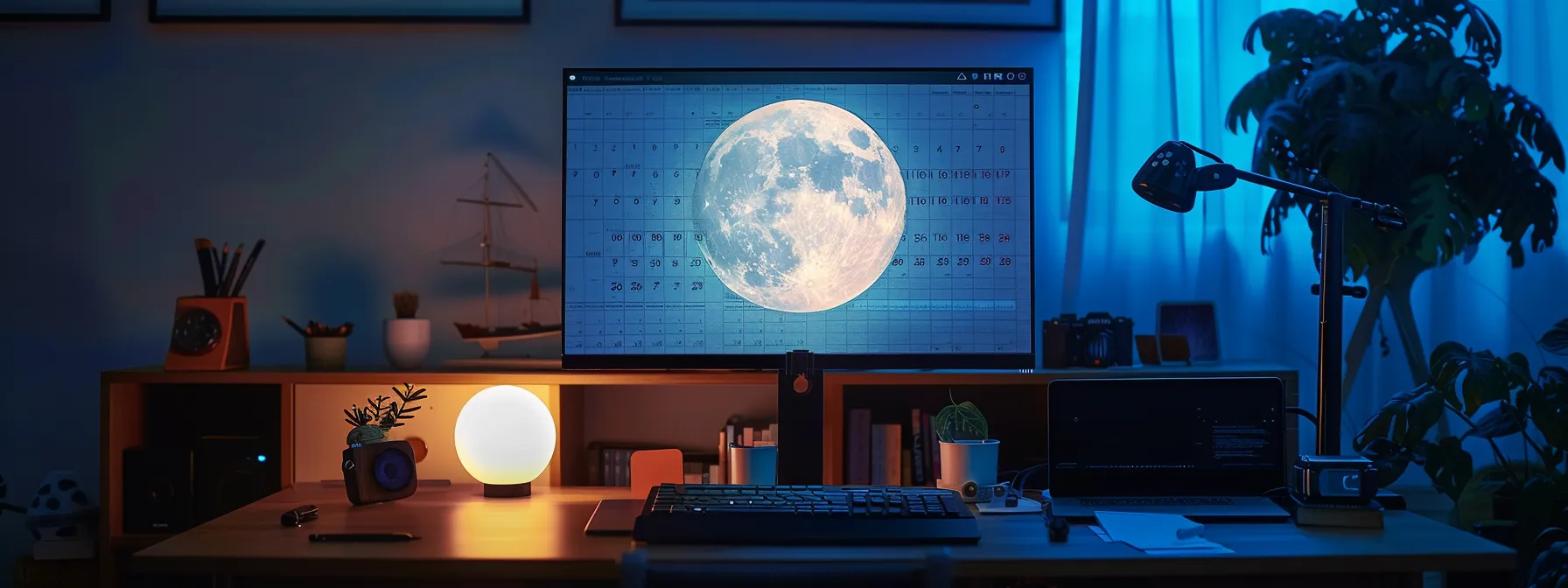 a neatly printed june 2025 calendar, featuring a vibrant full moon and holidays, displayed on a sleek, organized desk.