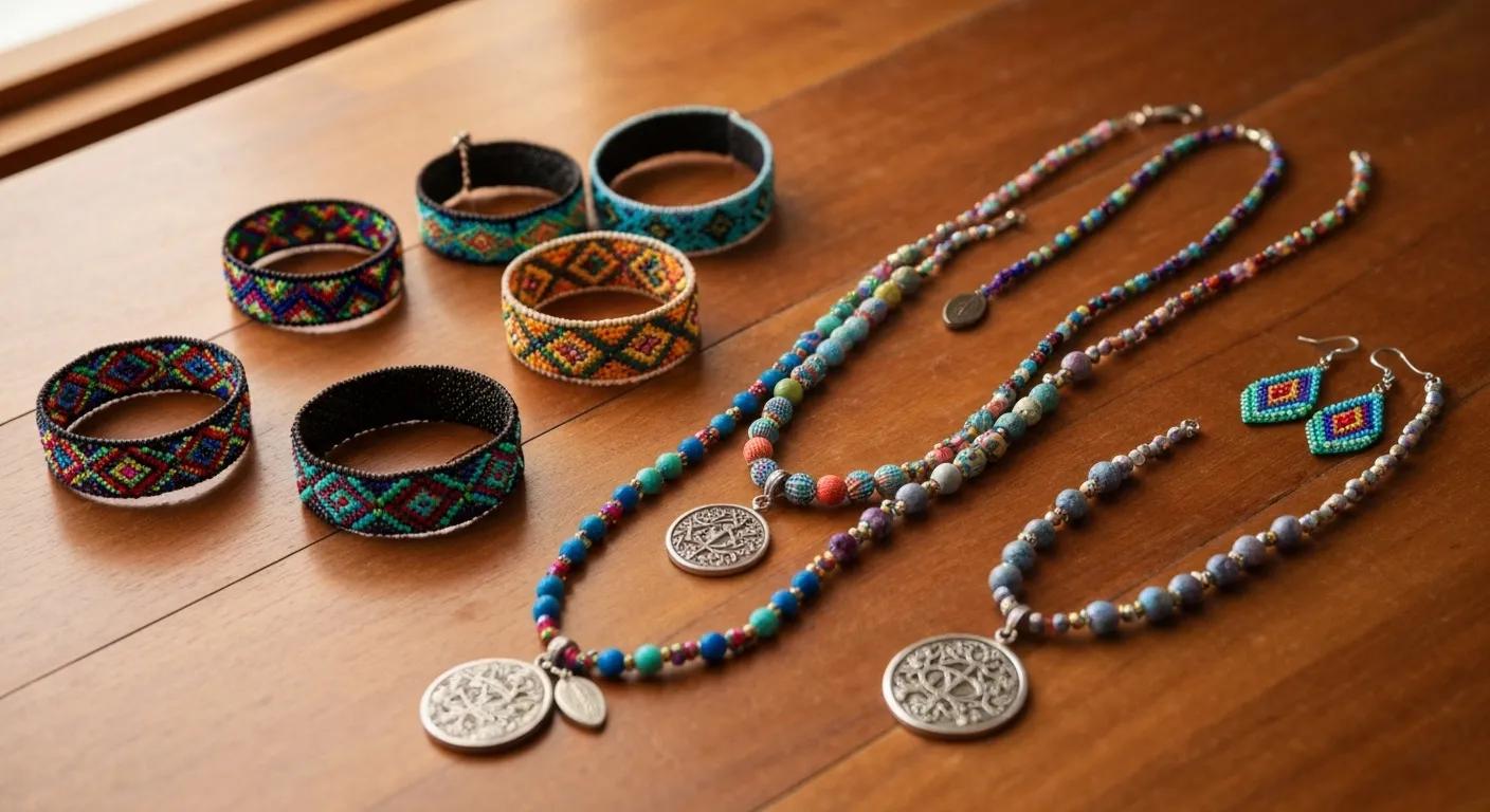 Colorful handmade beaded jewelry showcasing bracelets, necklaces, and earrings on a wooden surface