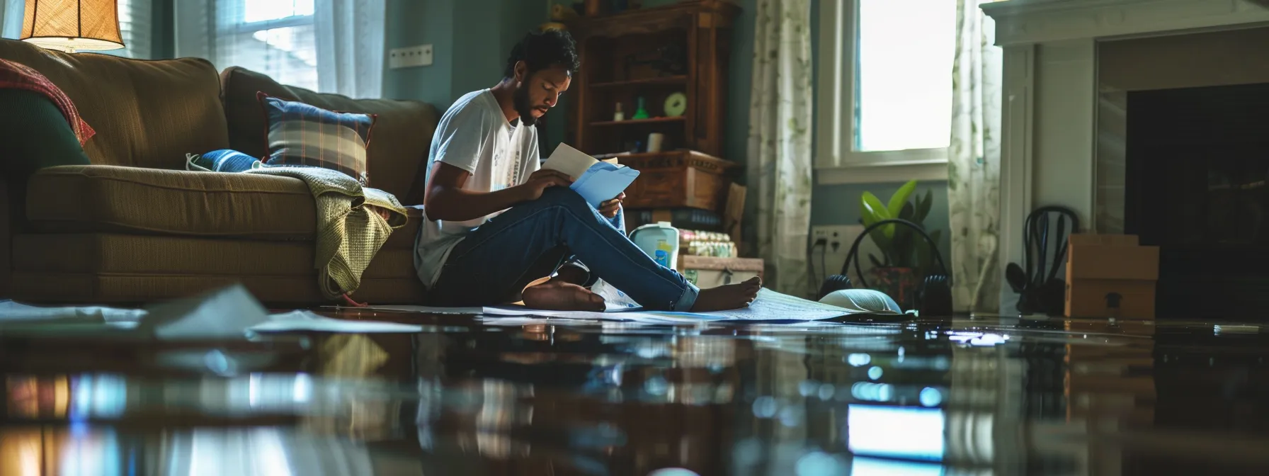 a person meticulously documenting valuables and reviewing flood insurance policies in a well-lit room with a sense of urgency and focus.