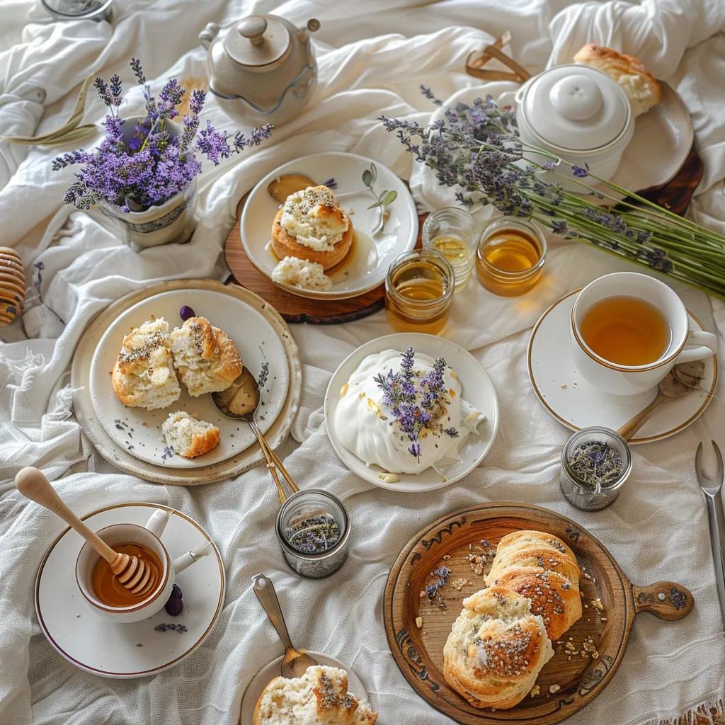 Table setting with dishes enhanced by lavender honey, highlighting its culinary versatility