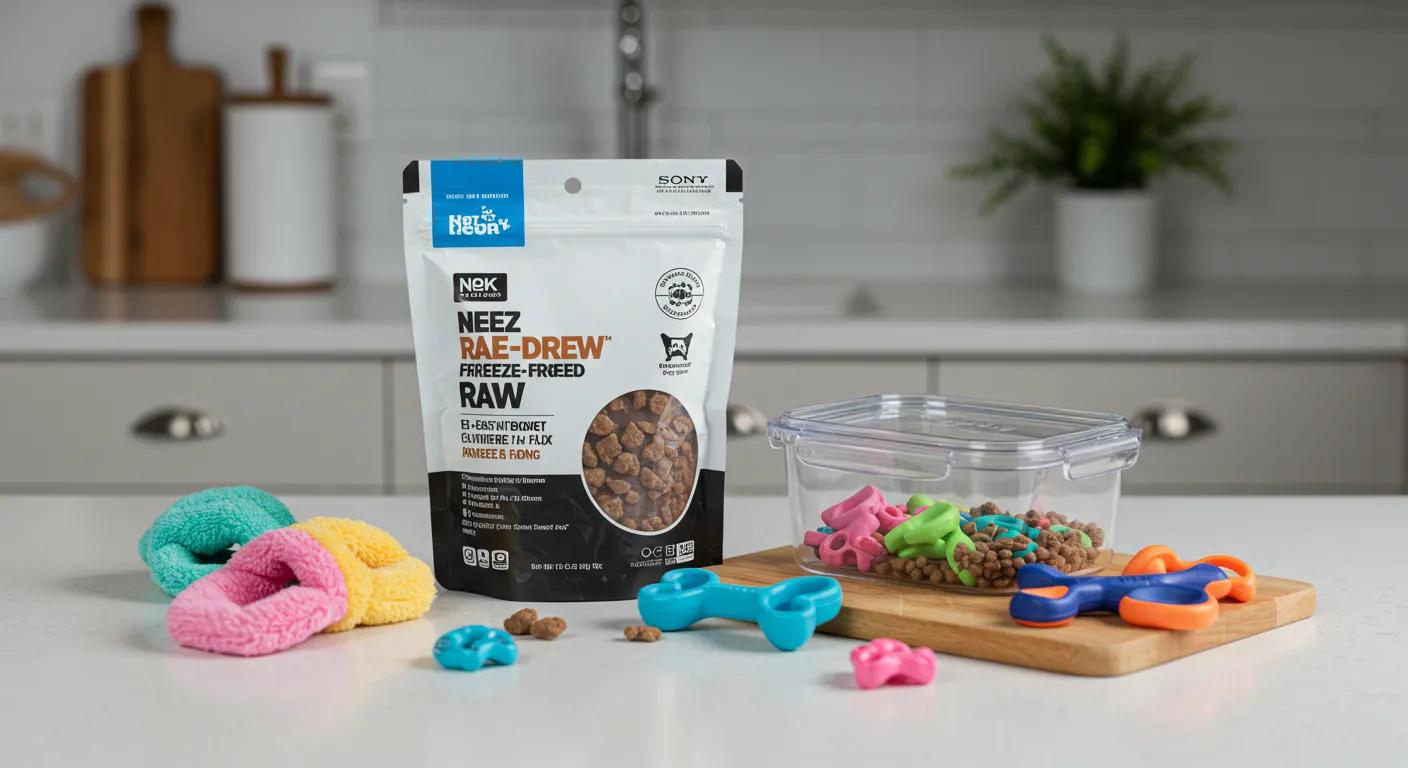 a well-organized, modern kitchen countertop showcases an open package of freeze-dried raw dog food next to a clear glass container, with vibrant, visually appealing dog accessories neatly arranged, highlighting the convenience and practicality for busy pet owners.