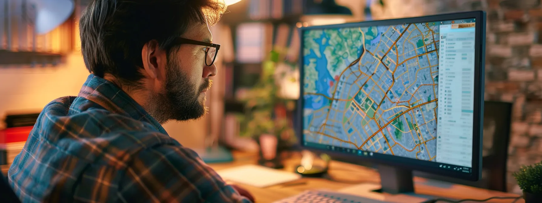 A Small Business Owner Looking At A Computer Screen With A Map Of The Local Area And Keywords For Local Seo Displayed.