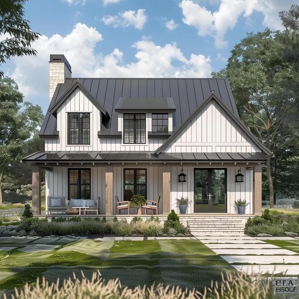 Charming modern farmhouse 3-bedroom home with rustic design elements and inviting porch Charming modern farmhouse 3-bedroom home with rustic design elements and inviting porch