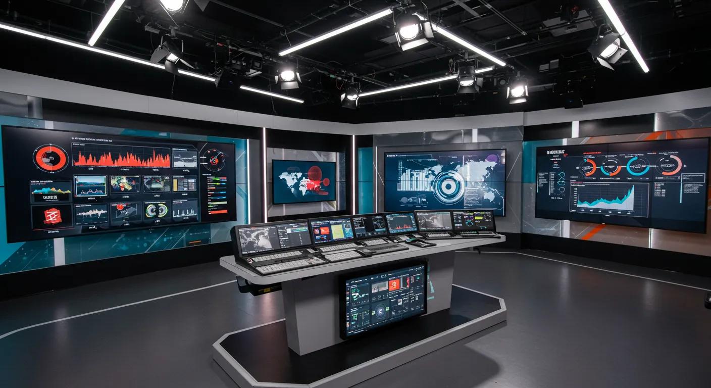 a dynamic television studio filled with cutting-edge technology, featuring vibrant screens displaying real-time analytics and interactive graphics, illustrating the surge in streaming content and the strategic integration of digital tools in modern pr campaigns.