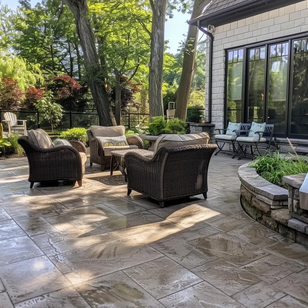 Decorative concrete patio with outdoor furniture in a residential setting