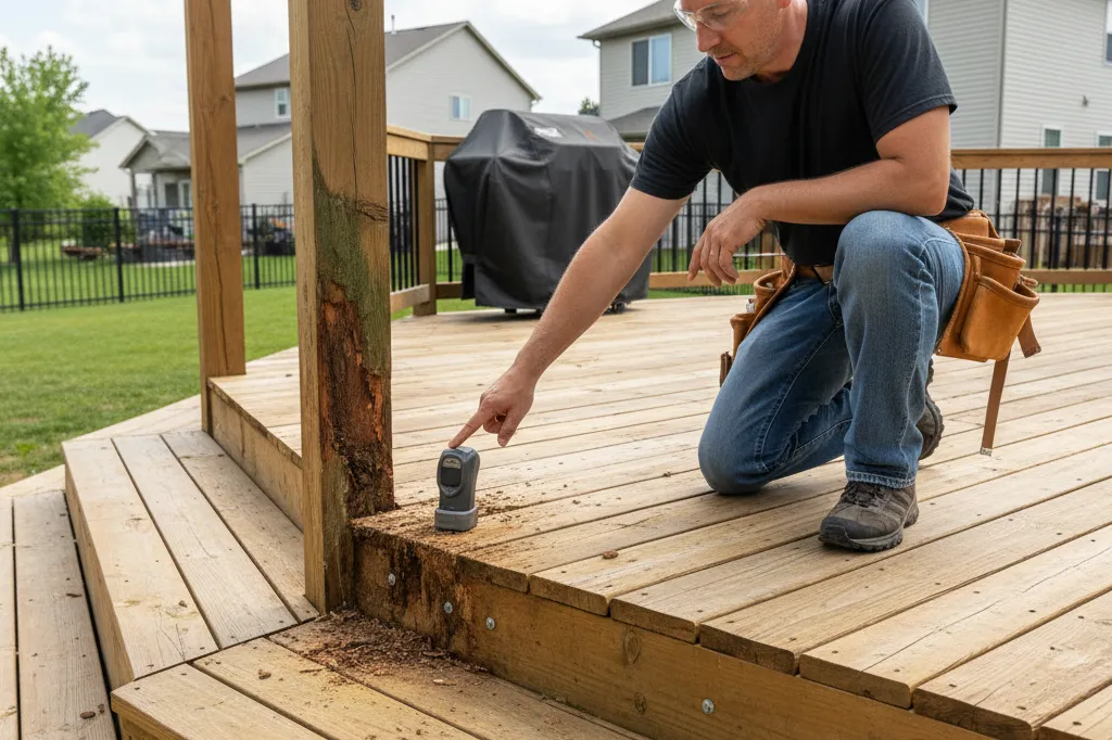 Carpenter inspecting a wooden backyard deck with minor rot and replaced boards, illustrating deck restoration cost factors and repair versus replacement decisions.