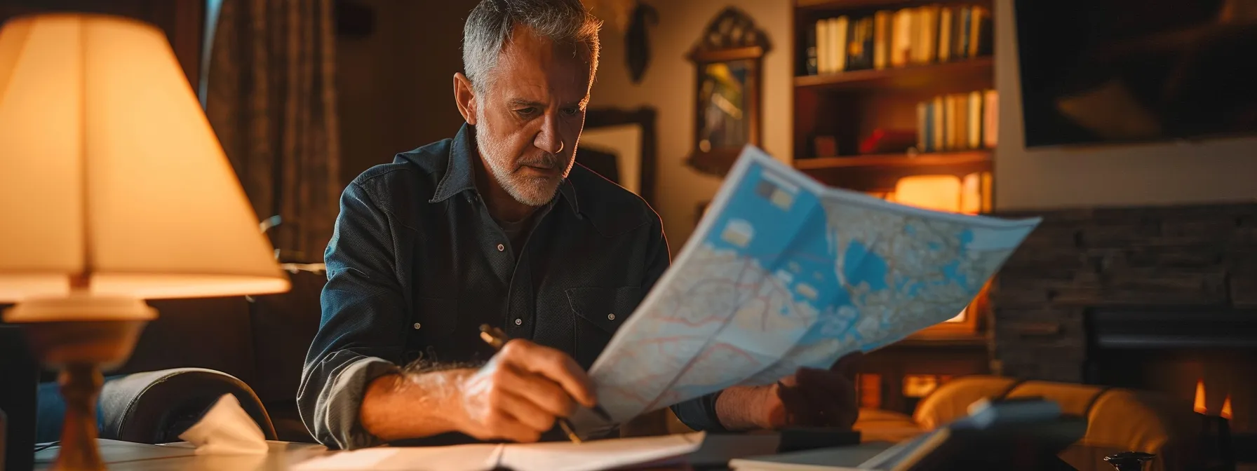 a homeowner reviewing insurance policies with a flood map in the background.