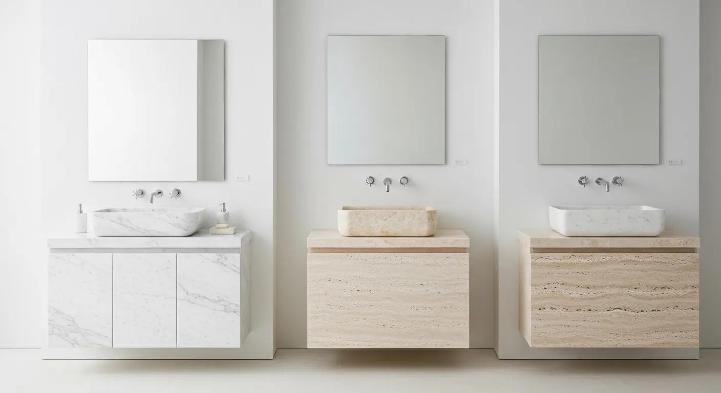 Display of marble, limestone, and travertine stone basins in a stylish bathroom setting