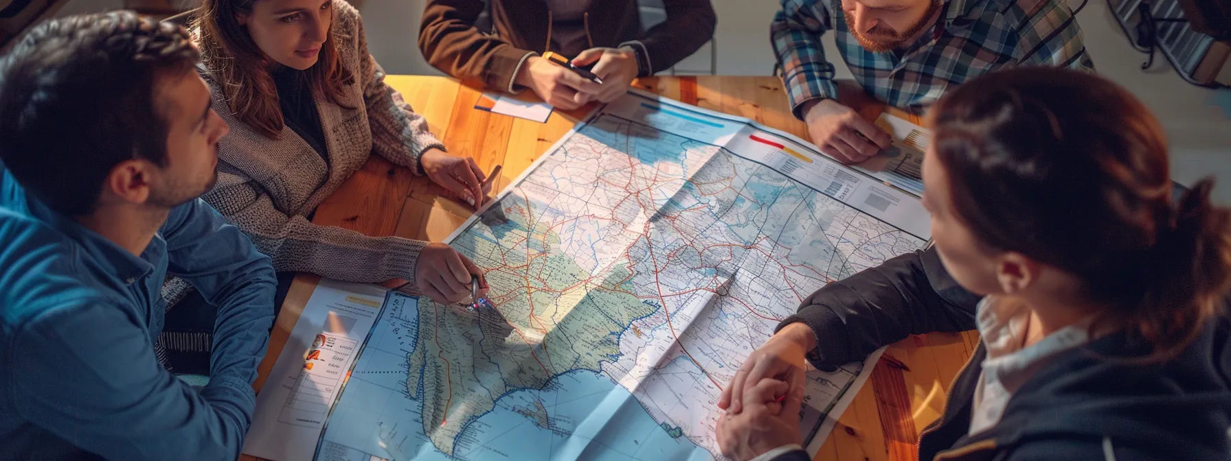 a group of people analyzing maps and charts related to flood insurance rates in georgia.