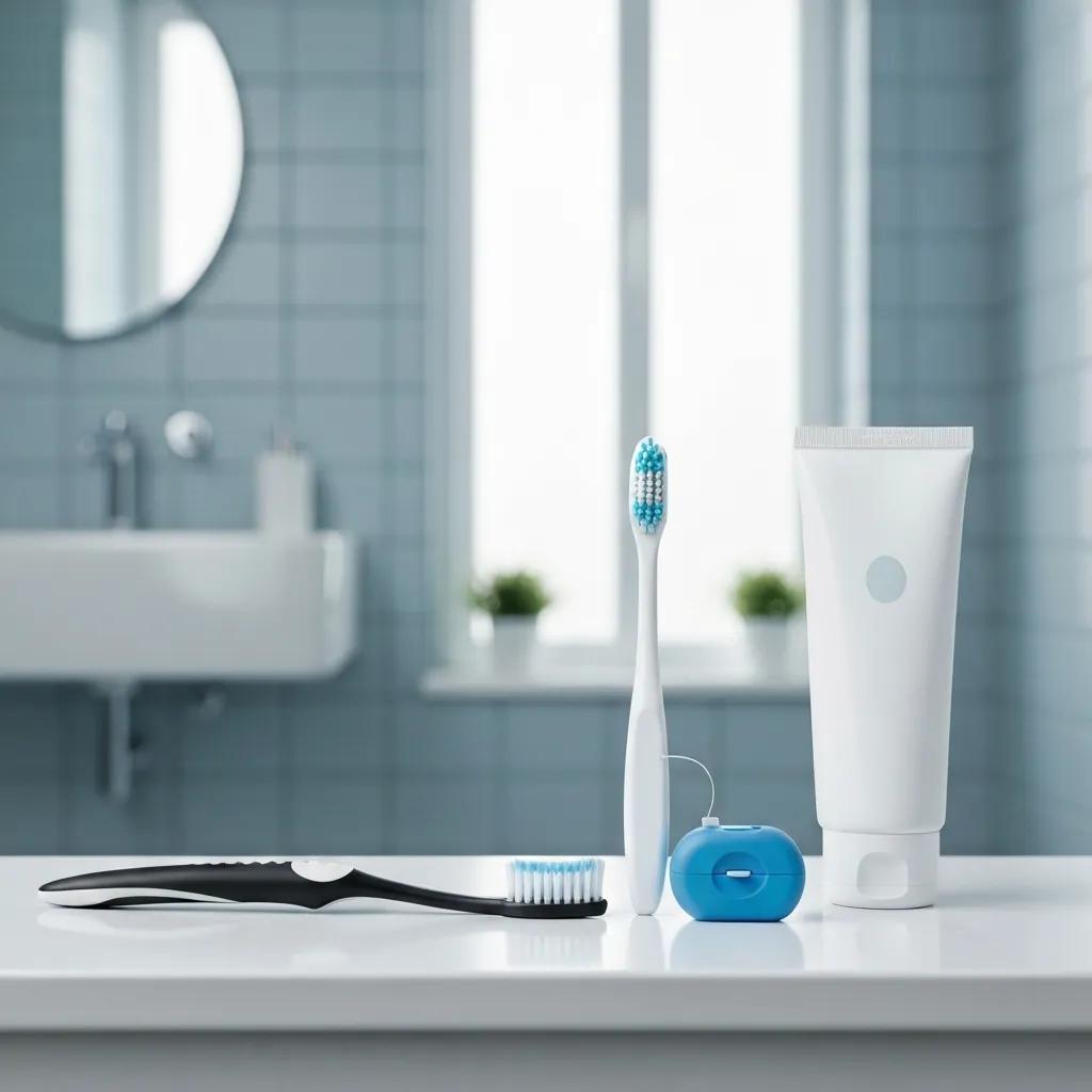 Dental care products for maintaining veneers, including a toothbrush and non-abrasive toothpaste on a bathroom counter