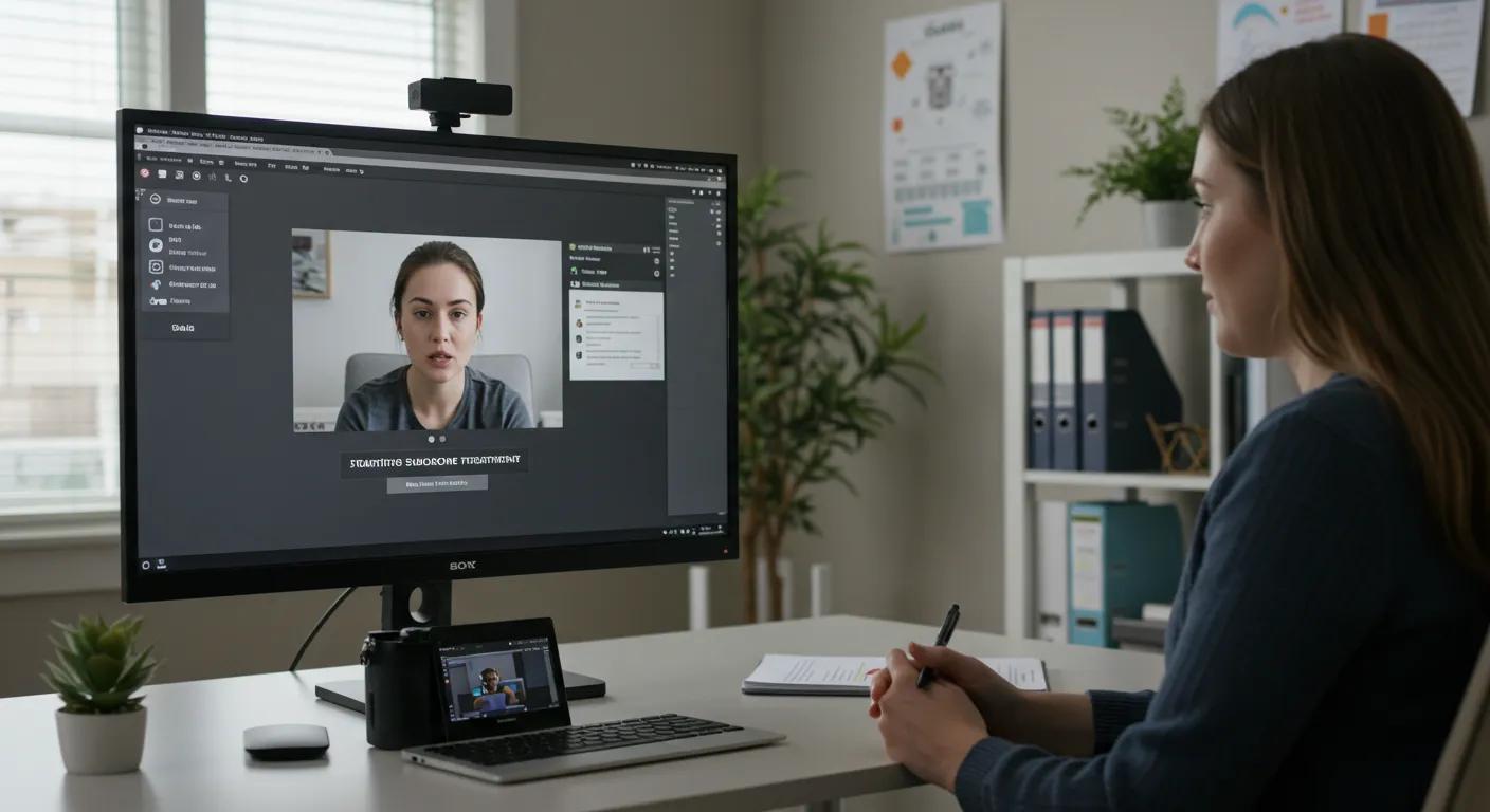 a focused Suboxone telehealth consultation session in a modern, well-lit home office, featuring a large screen displaying a virtual therapist and a patient engaging in a structured discussion about starting suboxone treatment. a focused Suboxone telehealth consultation session in a modern, well-lit home office, featuring a large screen displaying a virtual therapist and a patient engaging in a structured discussion about starting suboxone treatment.