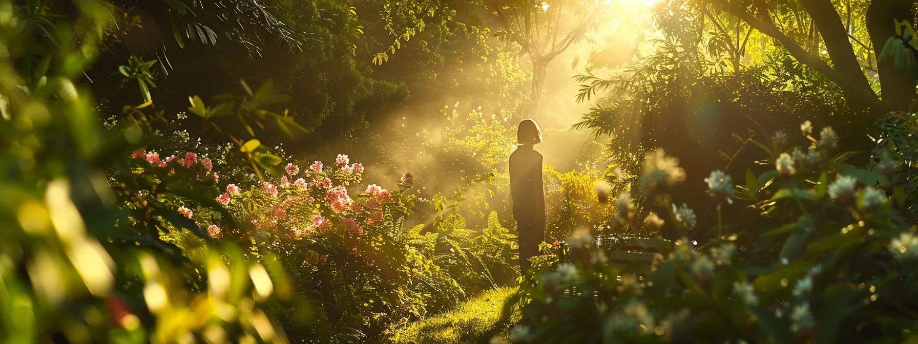 a person standing in a peaceful, lush garden, surrounded by blooming flowers and greenery, with the sun shining brightly overhead.