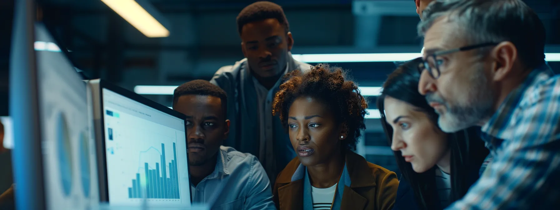 a group of diverse professionals gathered around a computer screen, analyzing data and discussing marketing strategies in a modern office setting.