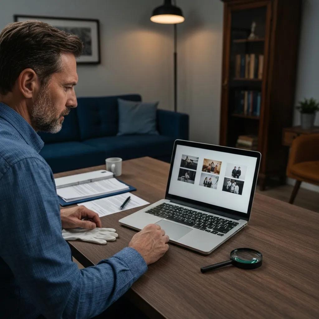 Private investigator reviewing evidence in a professional office setting