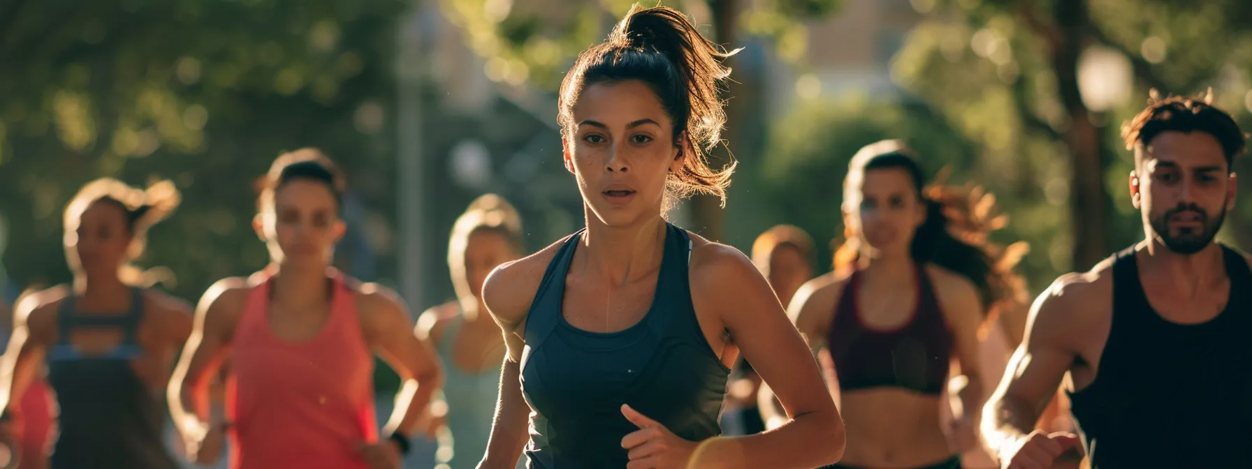 a group of fitness influencers leading a workout session in a bustling urban park.