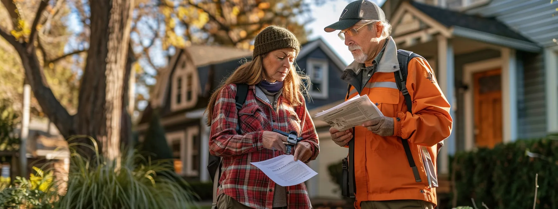 a homeowner discussing elevation certificates with a licensed land surveyor for lower flood insurance rates.