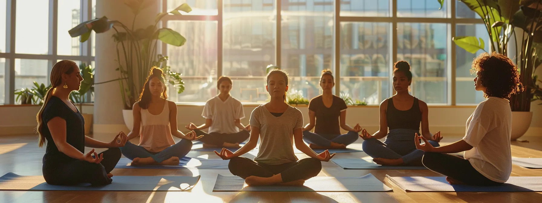 a group of employees engaged in a yoga session together, promoting physical and mental wellness in the workplace.