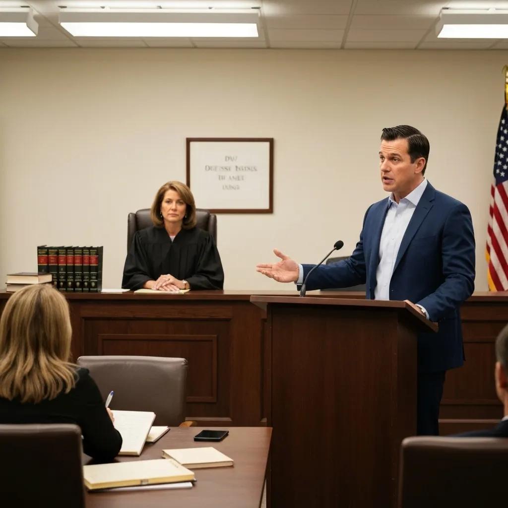 Courtroom scene with a defense attorney presenting DUI defense strategies