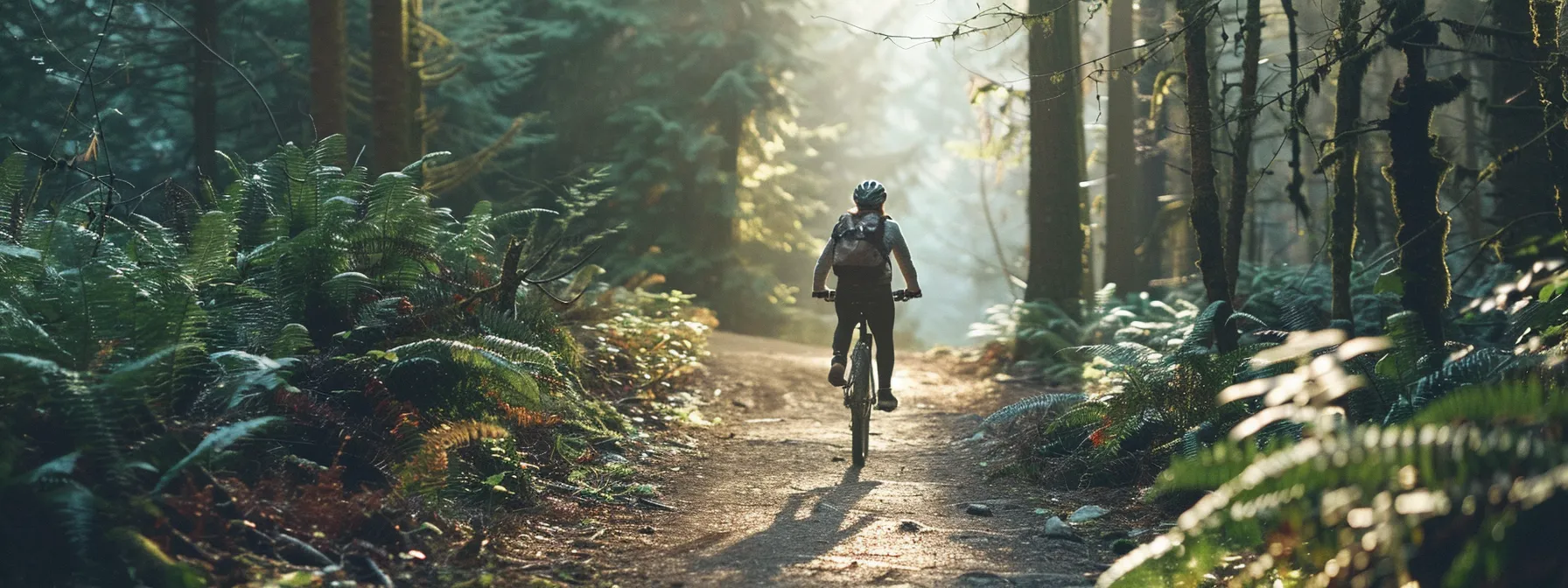 a person cycling through a beautiful forest trail, taking in the scenery and feeling a sense of freedom and adventure.