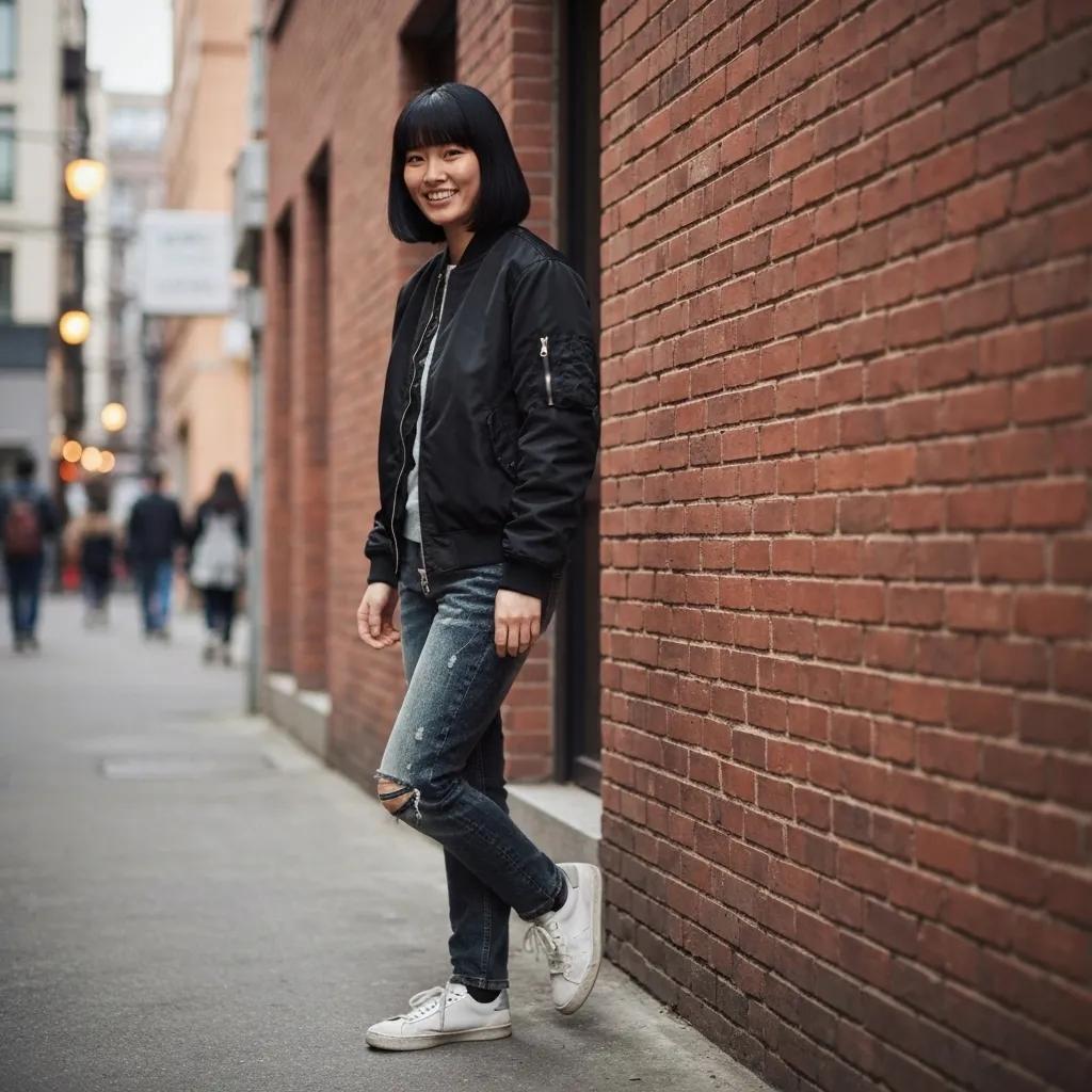 Model wearing a black bomber jacket in a casual streetwear outfit against an urban backdrop