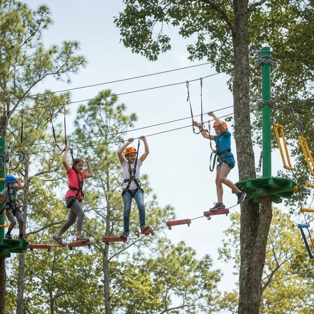 Families navigating an aerial obstacle course at Blue Ridge Adventure Park, showcasing active outdoor fun Families navigating an aerial obstacle course at Blue Ridge Adventure Park, showcasing active outdoor fun