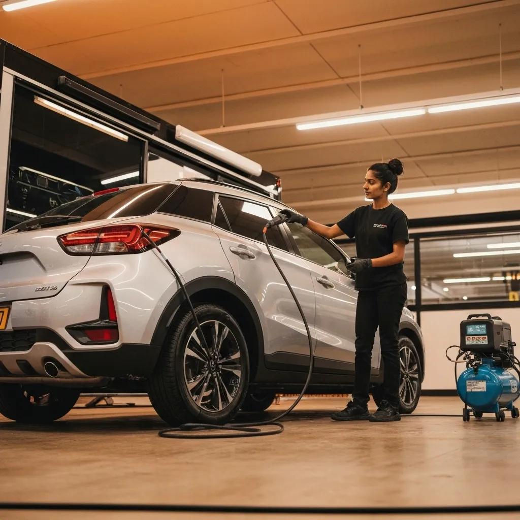 Detailed view of the mobile car detailing process, highlighting various stages and professional equipment used