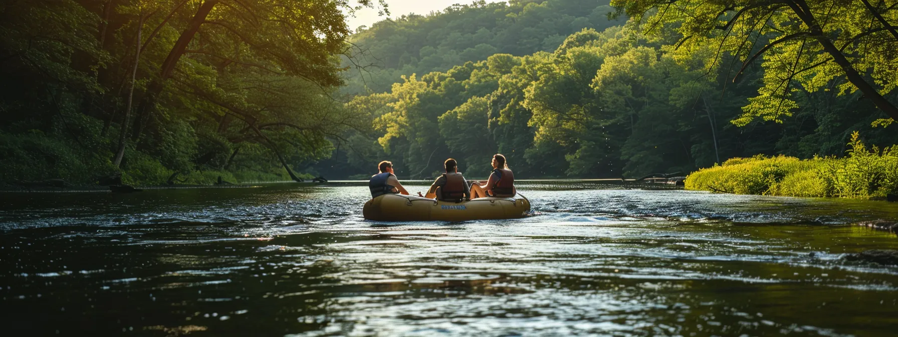 a group of friends leisurely floating down the serene delaware river, surrounded by lush greenery and historical landscapes.