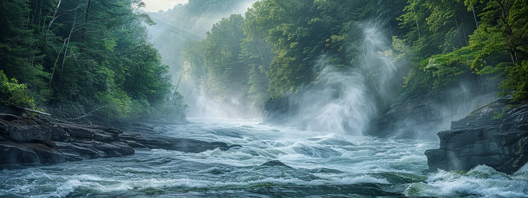 a rushing river with tumultuous whitewater rapids coursing through a lush forest landscape, highlighting the thrill and adventure of ocoee river rafting seasons.