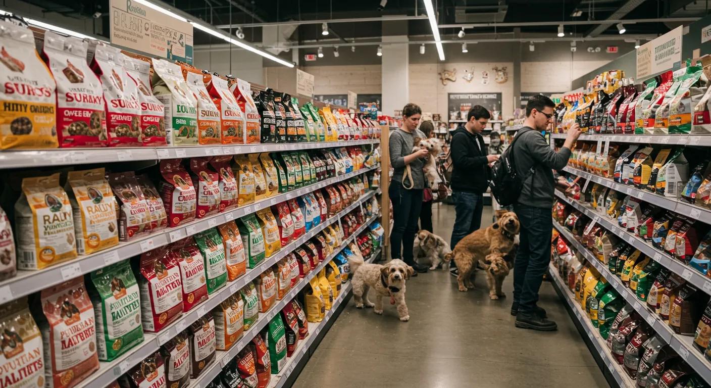 a vibrant, modern pet food store display featuring an array of colorful freeze-dried raw dog food packages, with attentive pet owners examining the nutritional labels and their energetic dogs curiously exploring the aisles.