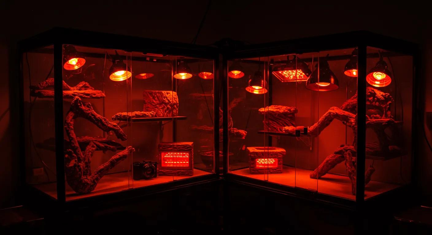 a sleek, modern reptile enclosure glows under meticulously arranged heat lamps of various types, highlighting the critical importance of thermoregulation in a meticulously set up indoor environment that emphasizes safety and optimal reptile health. a sleek, modern reptile enclosure glows under meticulously arranged heat lamps of various types, highlighting the critical importance of thermoregulation in a meticulously set up indoor environment that emphasizes safety and optimal reptile health.