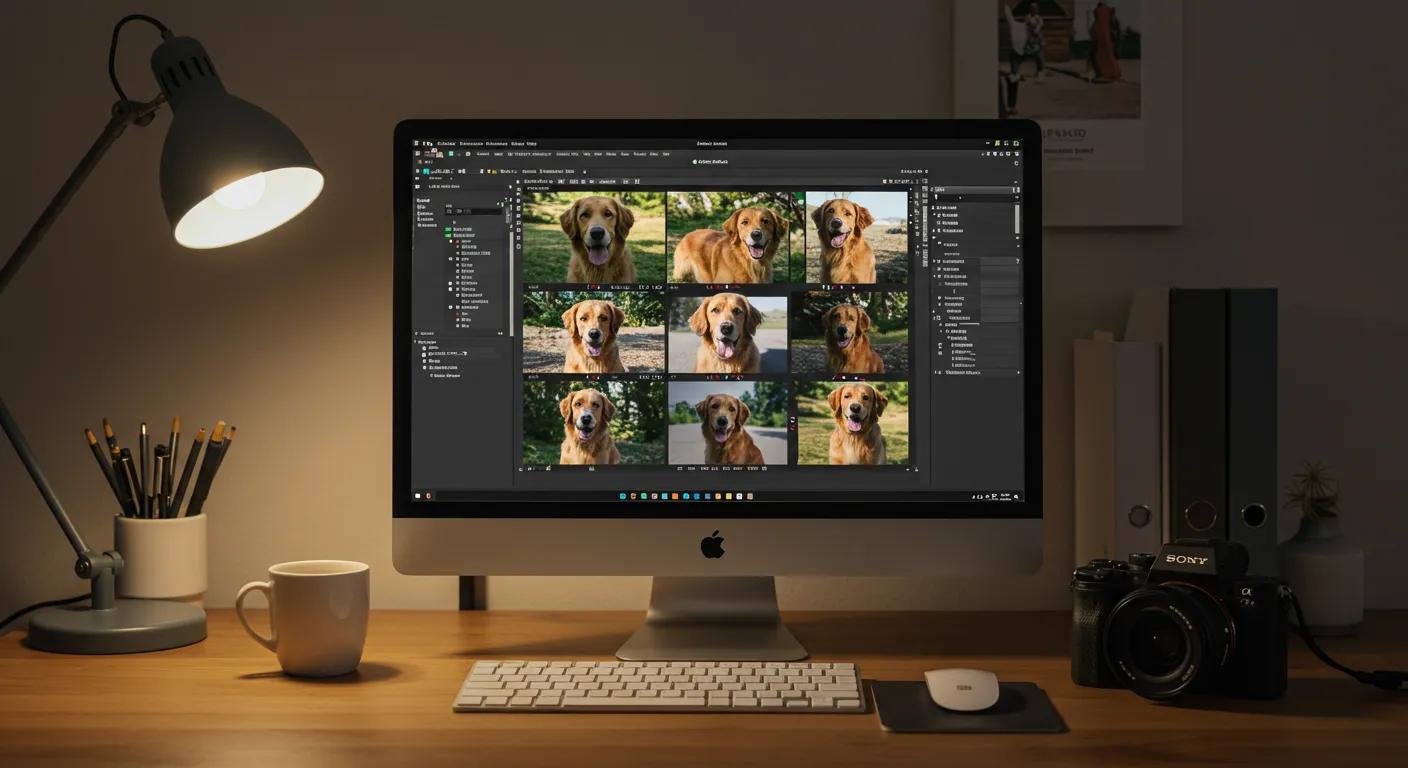 a modern home office workspace is illuminated by warm light, showcasing a sleek computer monitor displaying vibrant edits of dog photos alongside organized digital folders and a stylish camera, emphasizing the theme of photo editing and sharing.