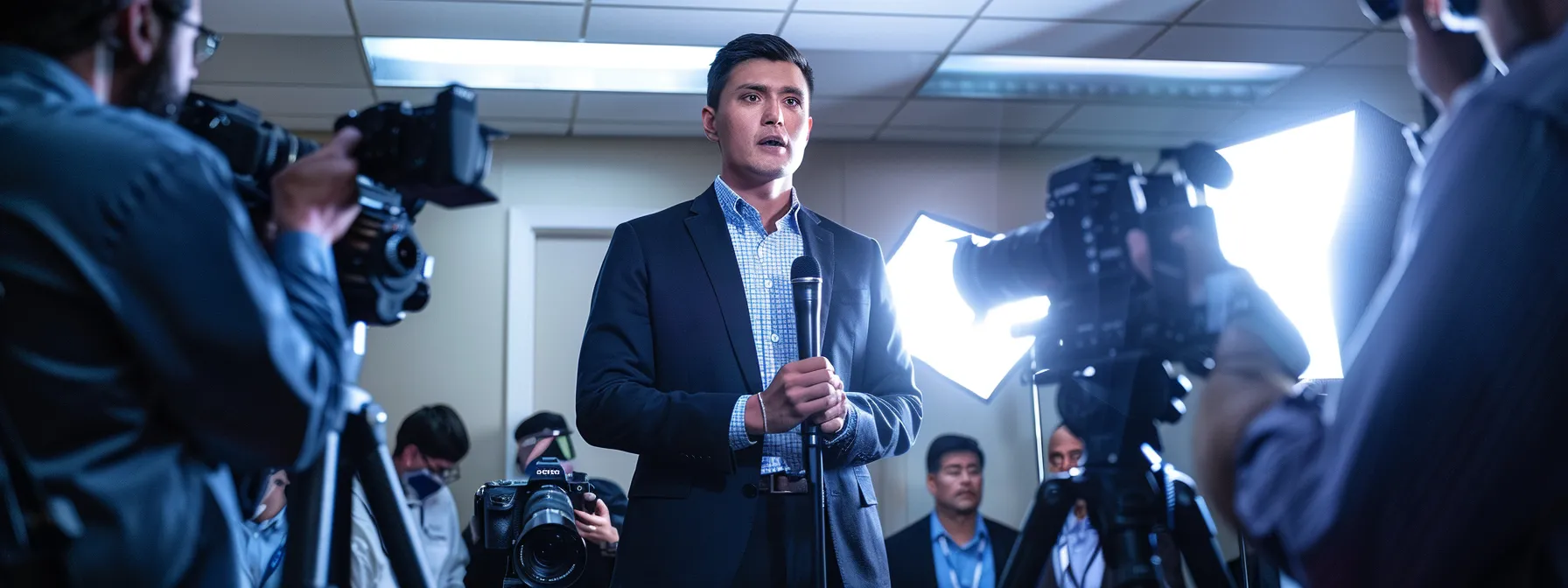 bryce adams standing confidently in front of a microphone, surrounded by reporters and cameras, delivering a powerful speech.