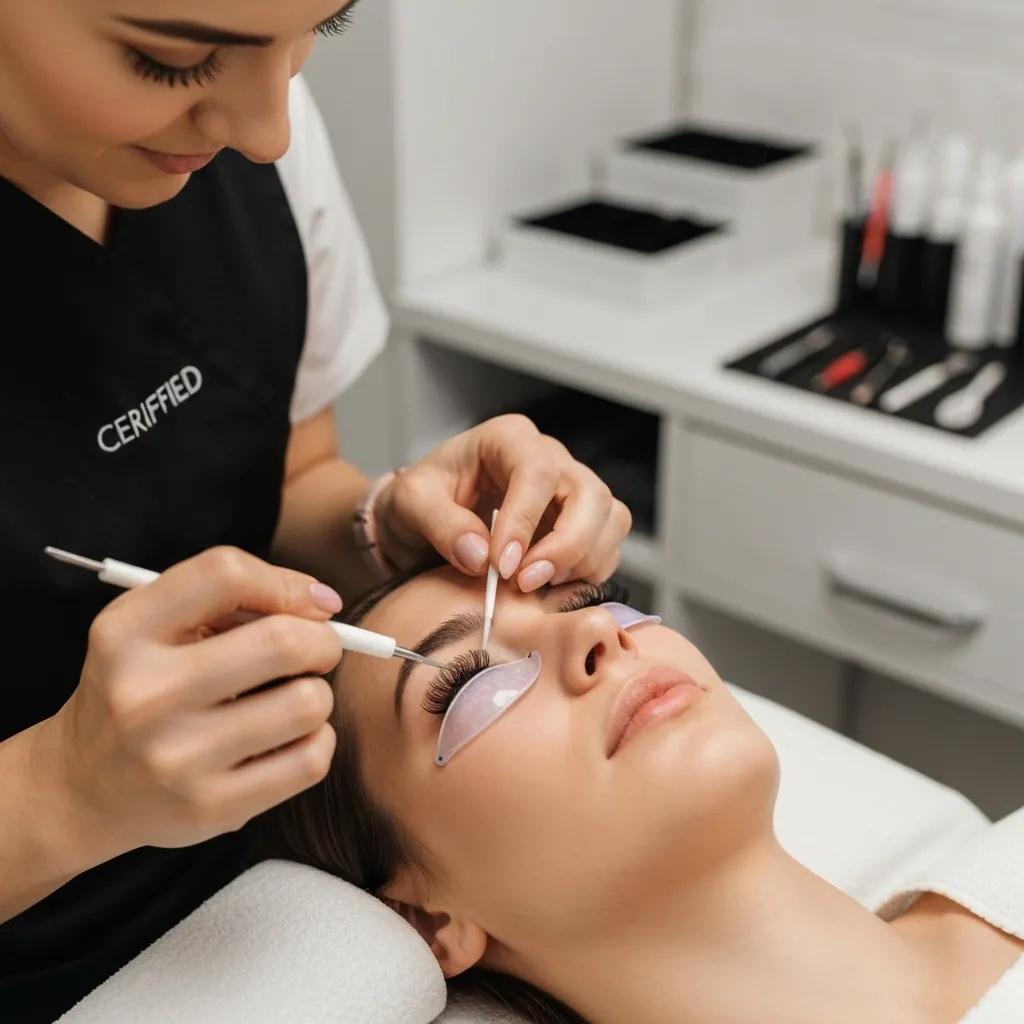 Lash technician applying perming solution during an eyelash lift procedure